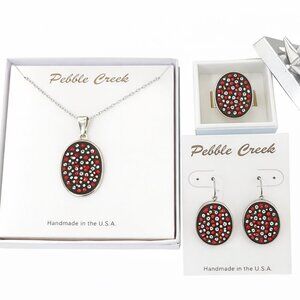 Handcrafted Swarovski Siam Crystal & Clay Oval Pendant Set